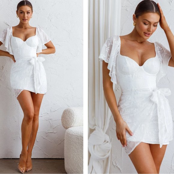 APHRODITE MOLDED BUST ANGEL SLEEVE WRAP DRESS EMBROIDERED WHITE - Picture 2 of 13